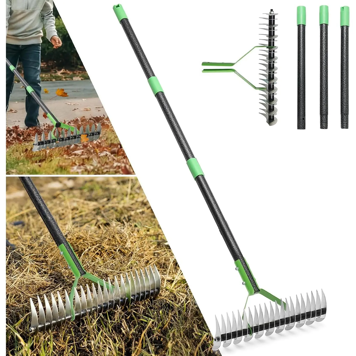 Thatch Rake, 13" Wide Efficient Dethatcher Rake with 55" Adjustable Long Handle, Heavy Duty Steel Metal Dethatching Rakes for Cleaning  Grass, Loosening Soil, Lawn Care in Yard Garden