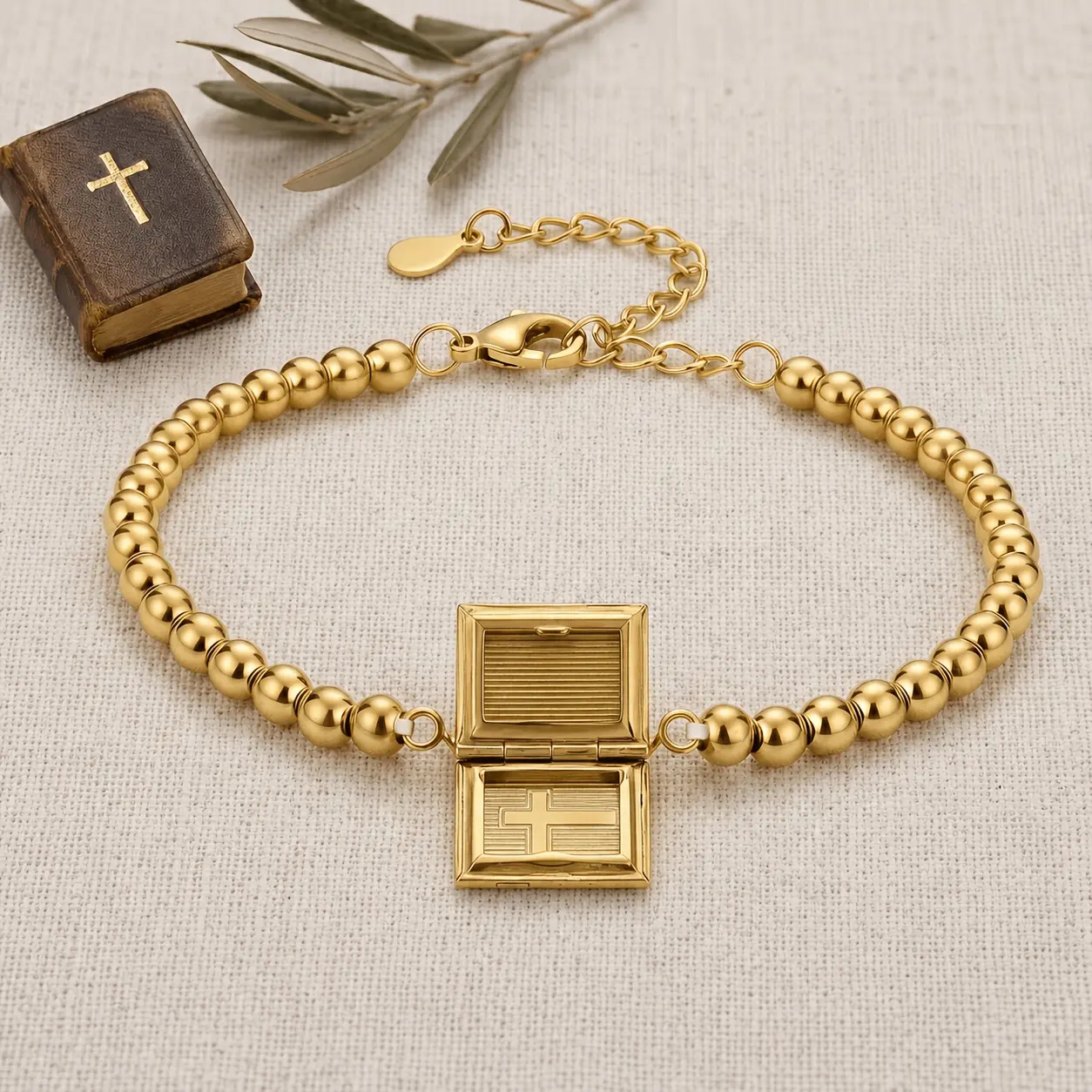 Chic Aesthetic Beaded Bracelet for Women - Exquisite Cross and Photo Locket Pendant Motif with Secure Closure Fit and Picture Holder Feature, Meaningful Religious Jewelry Accessory, Perfect for Daily Wear Styling, Church Outing & Faith Gift