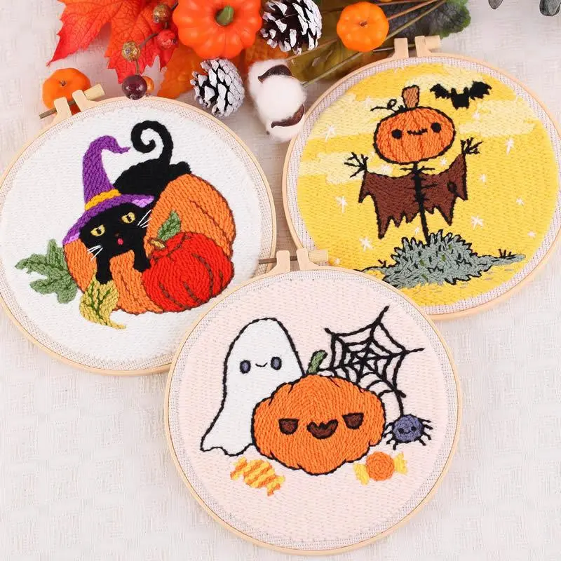 Punch Needle Embroidery Kit for Adults, DIY Halloween Decorative Handcraft with Fabric, All Seasons Material Package