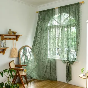 Olive Green Lace Curtains Set of 2 Panels for Bedroom Dining Room 108 Inches Long, Leaf Embroidery Window Sheer Drapes Pair, Rod Pocket  Country Window Treatments, 57" W x 108" L