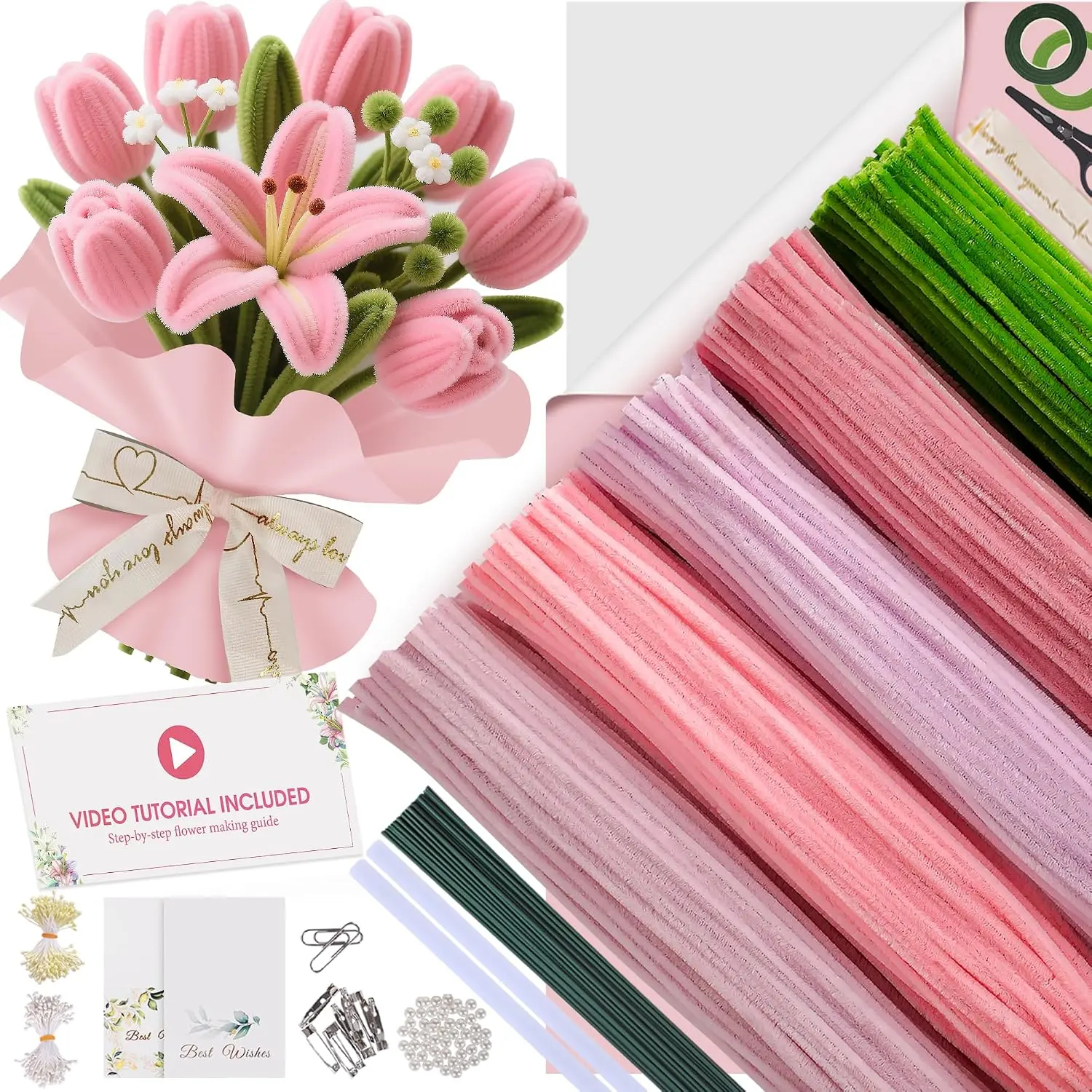 500 count Pipe Cleaners Craft Kit for Flower Making,  | DIY Bouquet Set with 8mm Chenille Stems, Step-by-Step Tutorial, Floral Wire, Ribbon & Tools for  Gifts and Decor