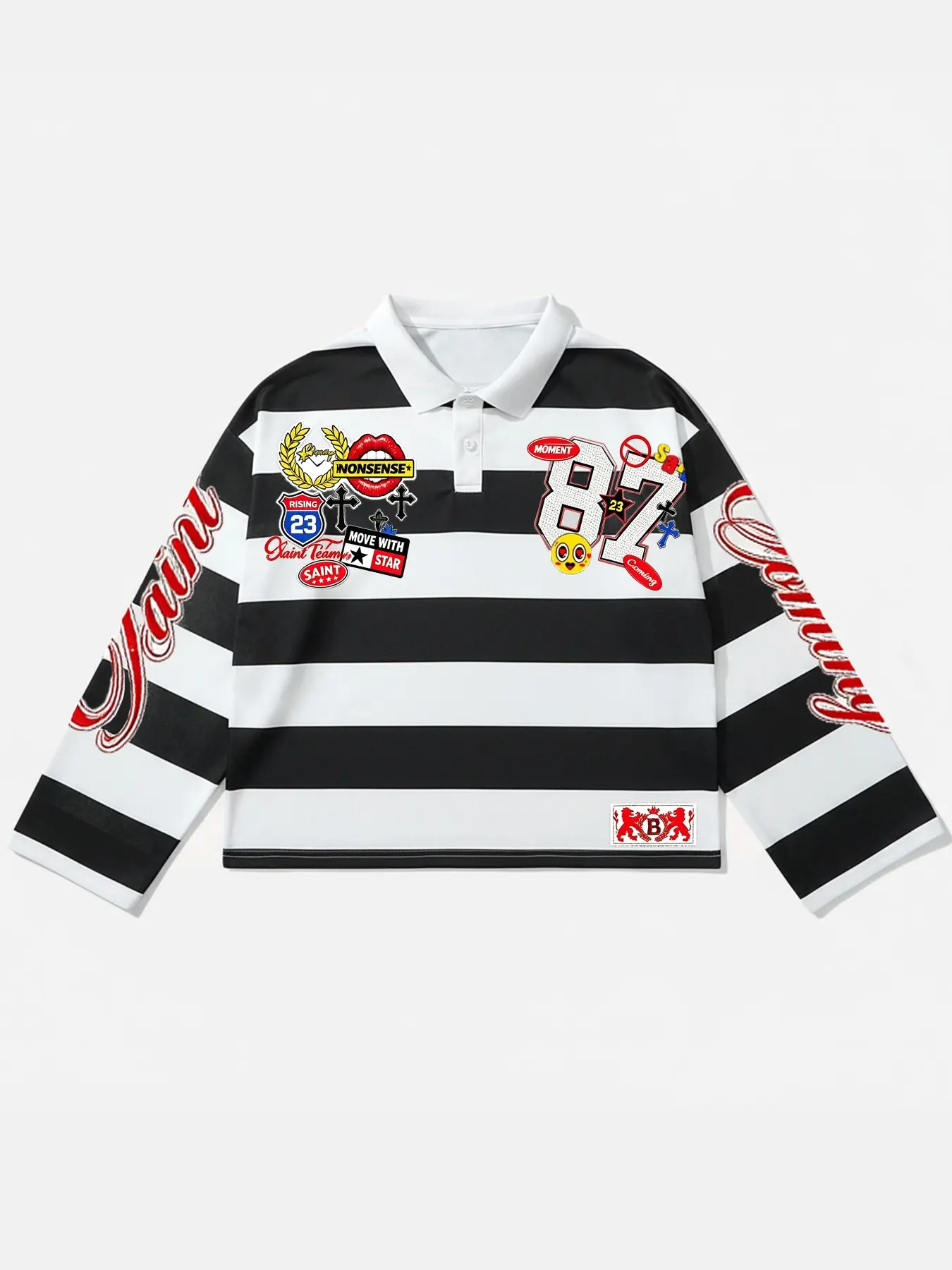 Long Sleeve Polo Shirt | Retro Varsity Street Style | Black White Stripes, Patchwork Badge Number 87 Graphic Print, Loose Cropped Fit | Unisex For Daily Streetwear, Skateboarding And Casual Hangouts