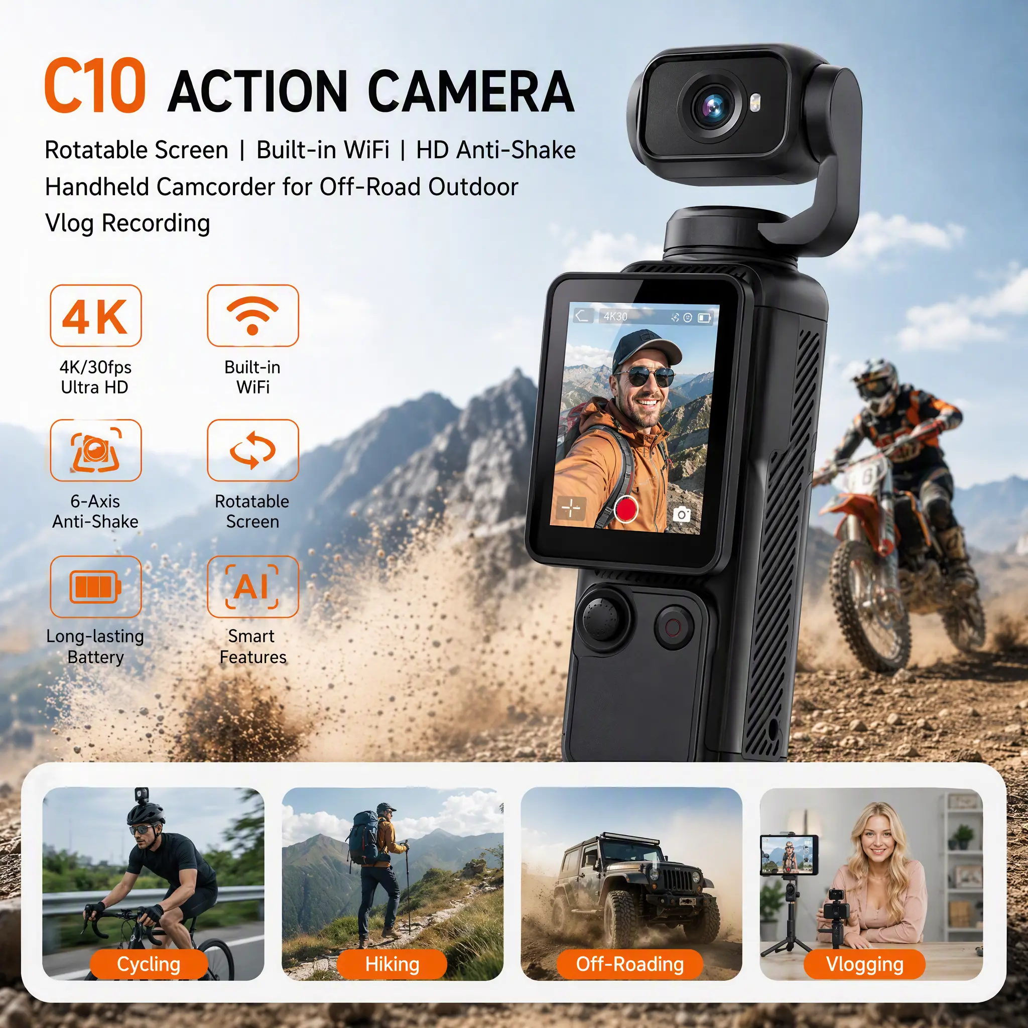 C10 WiFi Sports Recorder, Rotatable Display Action Camera, HD Anti‑Shake Handheld Cam for Outdoor Off‑Road Vlogging Shooting