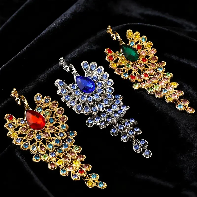 Women's Imported Luxury Gold Emerald Peacock Metal Brooch - High-End Vintage Phoenix Clothing Accessory, Female Collar Clip Accent, Unique Imported Piece, Emerald Gold Peacock