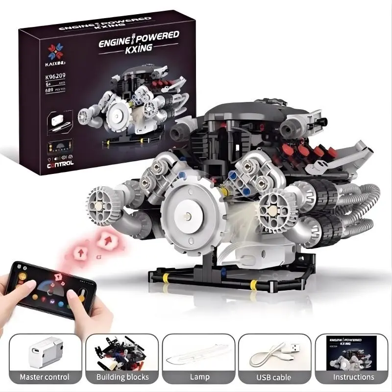 V8 Electric Engine Building Kit, Building Block Assembly, Programmable Phone Remote Control with Lights, Interactive Educational Toy for Boys, Birthday Gift Box