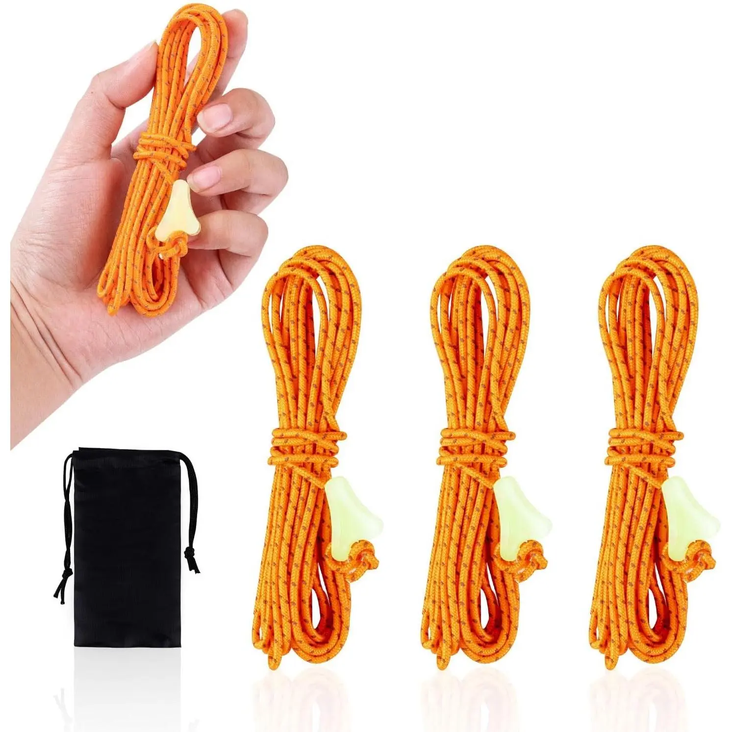 Ultralight Tent Guy Ropes - 2mm Reflective Guyline, UHMWPE Camping Guide Rope with Luminescent Tensioner for Outdoor Camping Hiking Awning Tents (Orange, 4M)