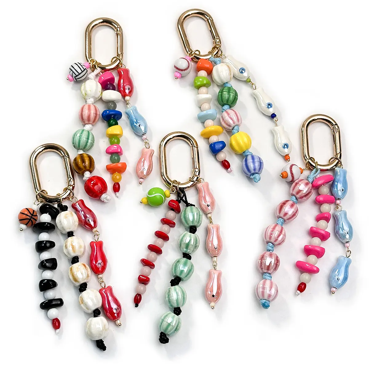 Cute Ceramic Fish Keychain Gold Oval Carabiner Clip Sports Ball Pendant Colorful Porcelain Bead Multi Strand Lanyard Aesthetic Y2K Purse Bag Charms Gift for Girls