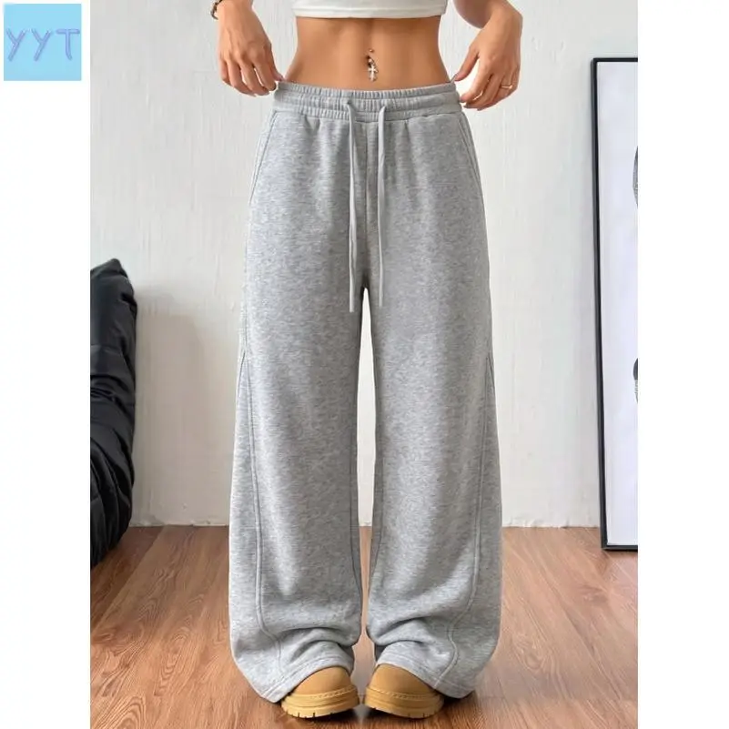 YYT1 Women’s cotton wide-leg sweatpants with an elastic drawstring waist and side pockets, long length.Loose straight-leg casual pants, lightweight and breathable, suitable home wear, commuting to work, and everyday wear.