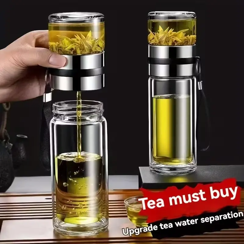 Double Wall Borosilicate Glass Tea Cup with Stainless Steel Filter Infuser, Heat Resistant Clear Tea Tumbler, Portable Loose Leaf Tea Brewer and Water Cup for Tea, Coffee, Hot Drinks, Home, Kitchen, Office, Travel & Outdoor Use
