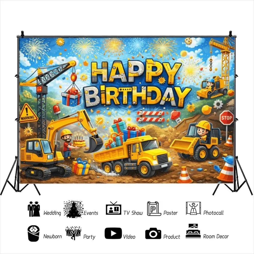 2D Flat Engineering Vehicle Theme Background Cloth, Excavator Crane Construction Site Hanging Banner, Party Decoration, Polyester, Indoor/outdoor