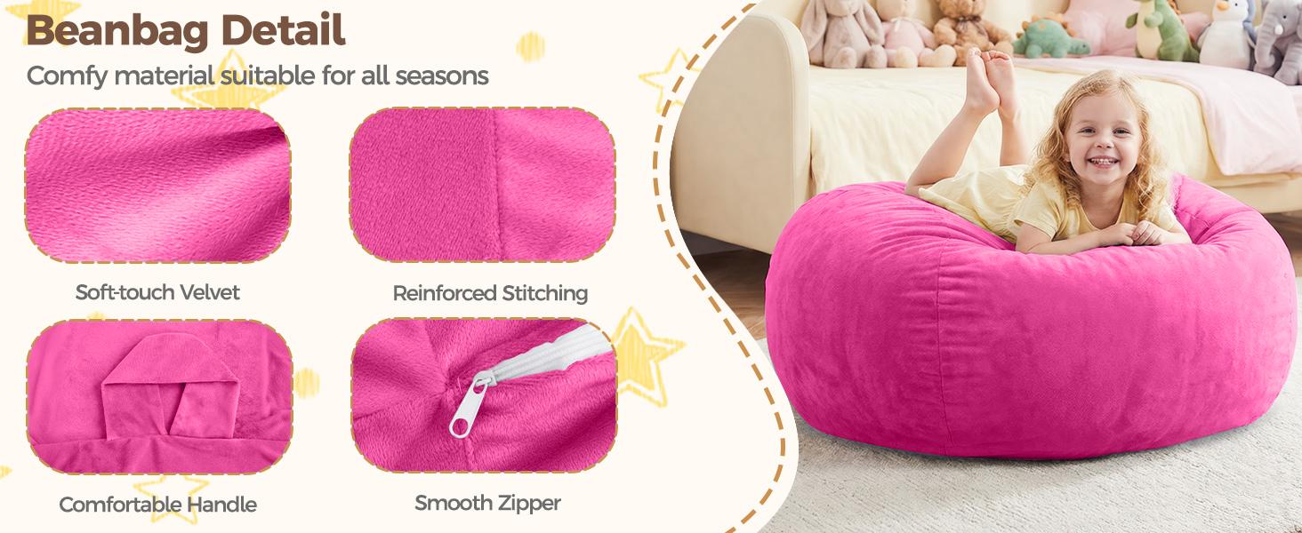 Stuffed Animal Storage Bean Bag Chair Cover – Soft Velvet Kids Beanbag with Handle, Machine Washable (No Filler). Hot Pink Organizer for Living Room, Bedroom & Dorm. Comfy & Functional.