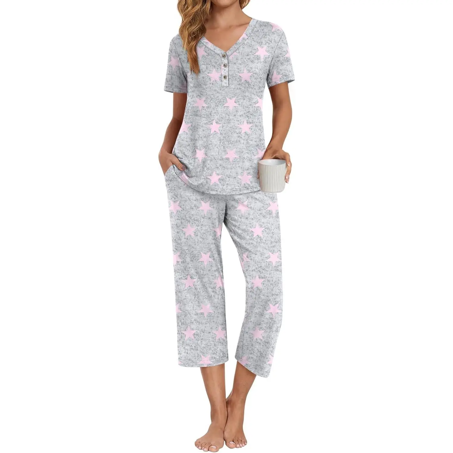 Lady's Comfy Soft Jersey Rayon 2-Piece Pajama Set - Summer Casual Short-Sleeve Button Top, Capri Pants Loungewear Sleepwear with Pockets, Ladies, Elastic
