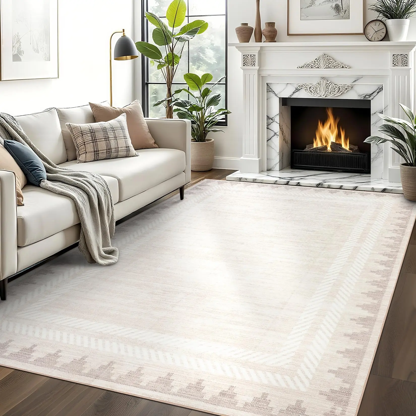 GARVEE Soft Fiber 9x12 Indoor Low Pile Flat Woven Area Rug, Washable Non-Slip Modern Border Neutral Tones Ivory White Stain-Resistant Foldable Carpet for Bedroom & Modern Farmhouse Decor