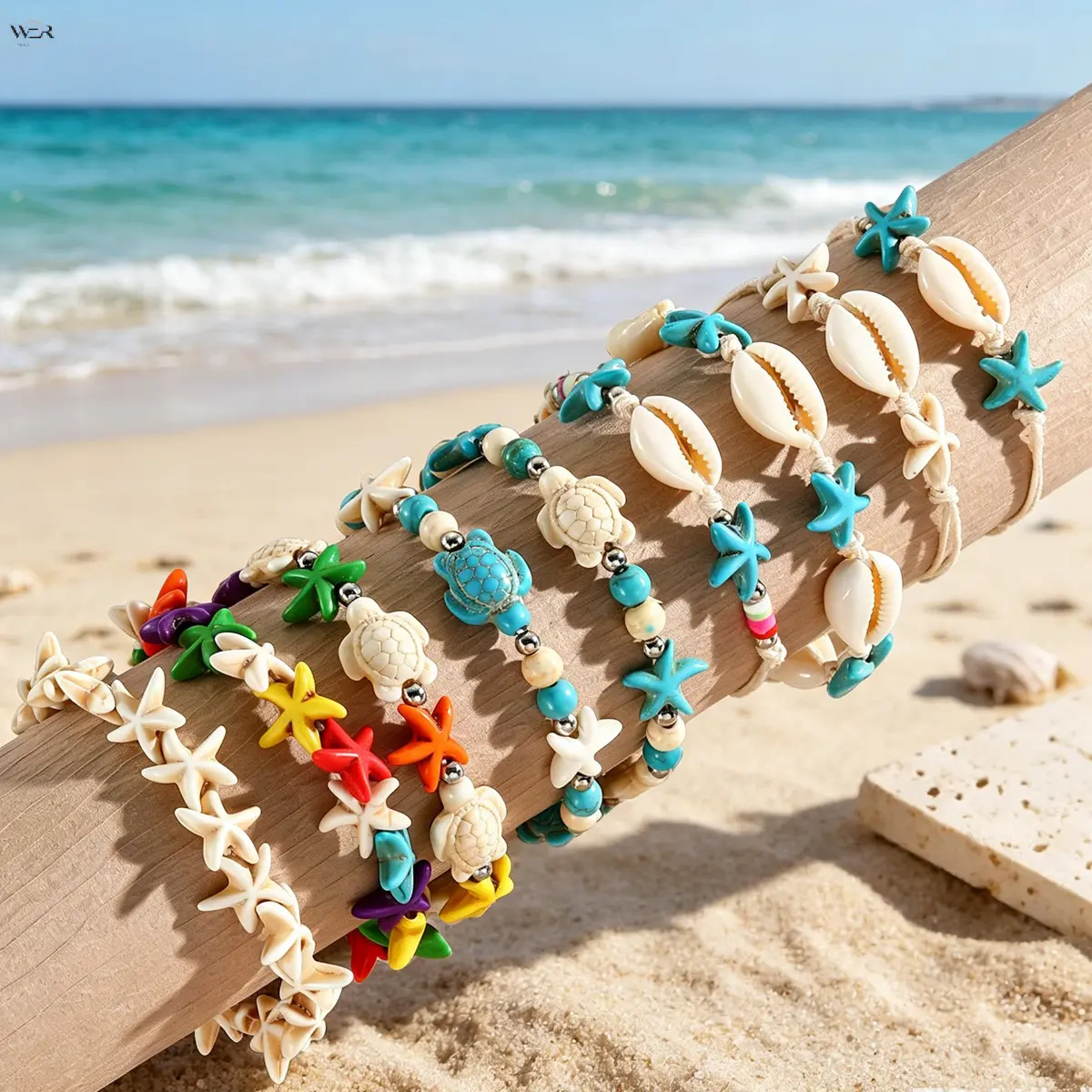 Summer Beach Ocean Themed Bracelet Set, Two Styles Available: Solid Starfish Beaded Stretch Bangle / Multi-Color Turtle Starfish Shell Adjustable Woven Rope Bracelets, Tropical Vacation Women’s Beach Jewelry Gift