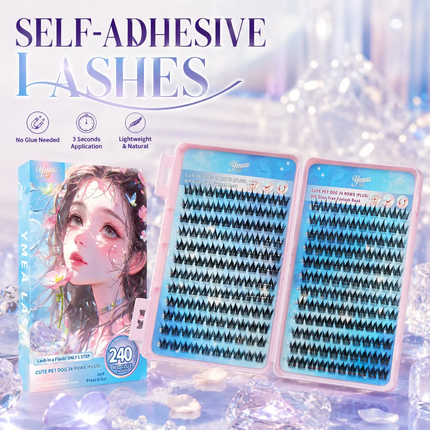 Self Adhesive False Eyelashes No Glue Needed Manga Style, Manga Anime Lashes, Volume Cluster Lashes, Dramatic Wispy Thick Lash Extensions, Stick On & Easy Remove, Lightweight, Big Eye Effect, Reusable Daily Makeup Lashes, Gift Box Packaging for Women