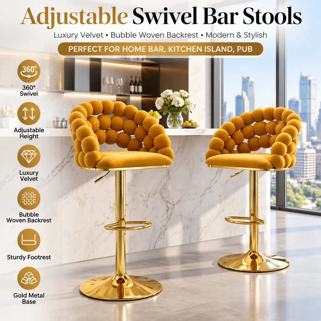 Adjustable Swivel Bar Stools, Luxury Velvet Bubble Woven Backrest Bar Chairs, Gold Metal Gas Lift Counter Height Barstools with Footrest, Modern Bar Stool for Home Bar, Kitchen Island, Pub