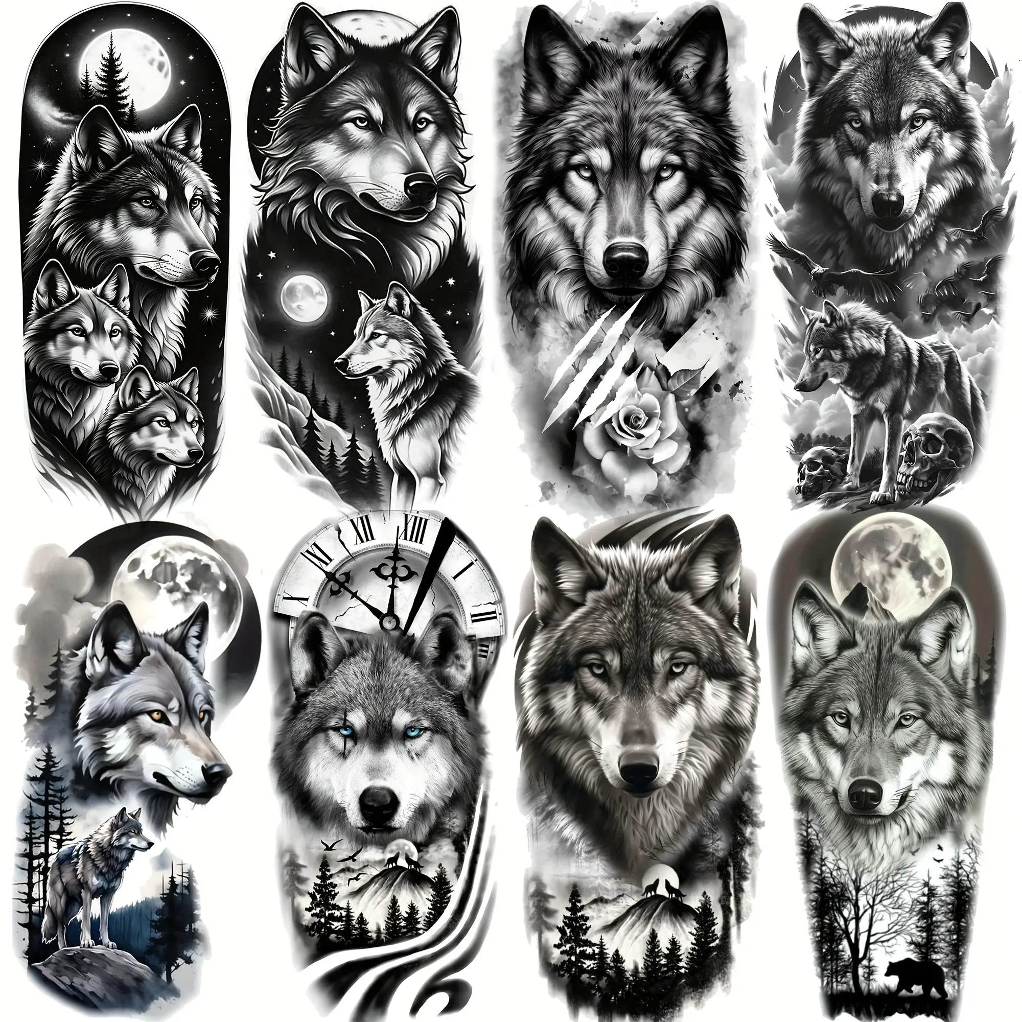 8 Sheets Creative Full Moon Forest Wolf Temporary Tattoos, Long Lasting Realistic Wolves, Waterproof Fake Tattoo Stickers for Men Women Adults Aesthetic Tattoo Merch
