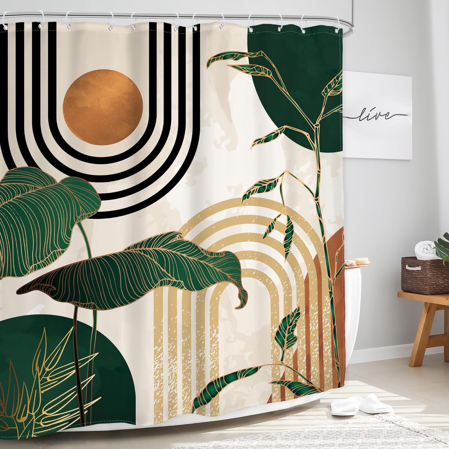 Glawry Green Boho Shower Curtain 72Wx72L Inches, Abstract Retro Mid Century Shower Curtains for Bathroom Decor,Minimalist Tropical Modern Shower Curtain Set Home Decor 12 Pack Hooks