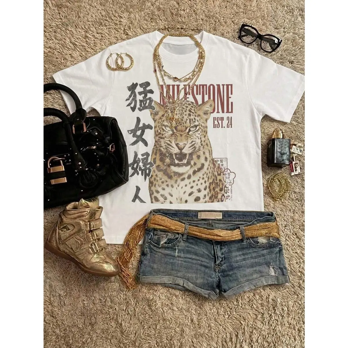 Milestone EST.24 Leopard Bold Calligraphy Graphic Unisex Oversized T-Shirt 100% Cotton Y2K Streetwear Short Sleeve Top Retro Stamp Leopard Statement Soft Pure Cotton Edgy Casual Streetwear Oversized Tee