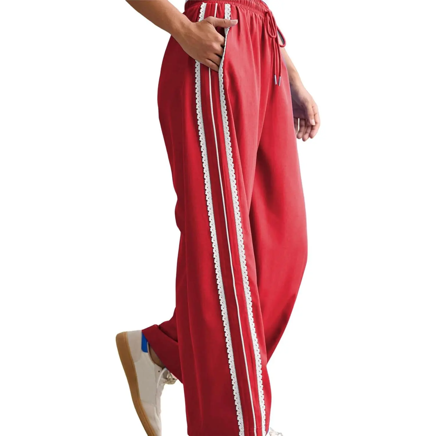 Women's Loose Fit Wide Leg Trackwear Sweatpants - Crochet, Side Stripe, Drawstring Waist, Slip-On, Pockets for Casual Running (Check Size Chart), Female, Gym-To-Streetwear Women's Sports Sweatpants, Standard Sizes, Full Length