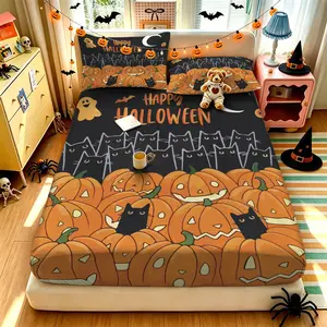 (1 fitted sheet + 2 pillowcases, no filler),Halloween Pumpkin Cat Pattern,Polyester fitted sheet 3-piece bedding set, machine washable, anti-shrink & anti-deform, durable bedding supplies for bedroom and dormitory
