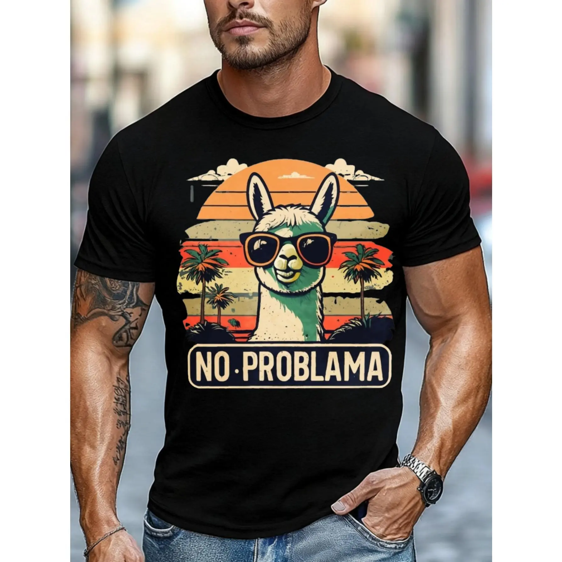 Vintage Retro Style Men's T-Shirt - Funny Llama No Problema Graphic Streetwear Fashion Tshirt, Summer Casual Menswear Unisex Party Gift For Him