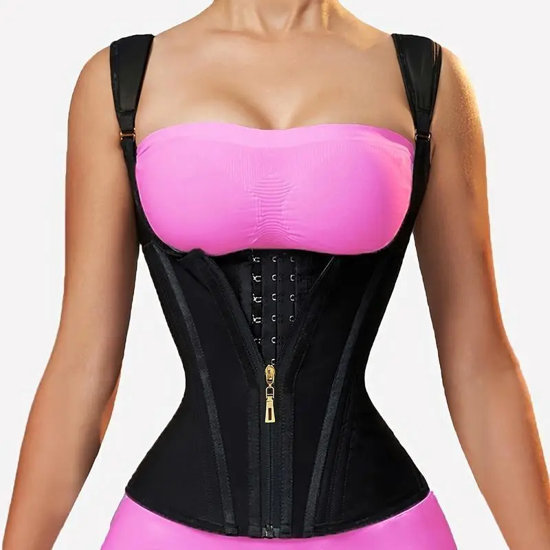 Waist Trainer Corset for Women |       Adjustable shoulder straps and steel frame support |       Double Compression Shaper with Zipper Closure |       Fashionable black, smooth latex fabric |       Vest for Control of Abdomen, Can Enhance Posture and Wai