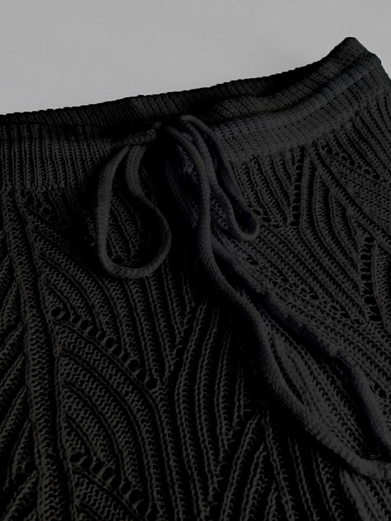 Women's Plain Hollow Out Drawstring Waist Knit Shorts, Casual Relaxed Shorts, Boho Scallop Trim Cover Up Shorts for Beach Holiday Vacation, Ladies Summer Bottoms