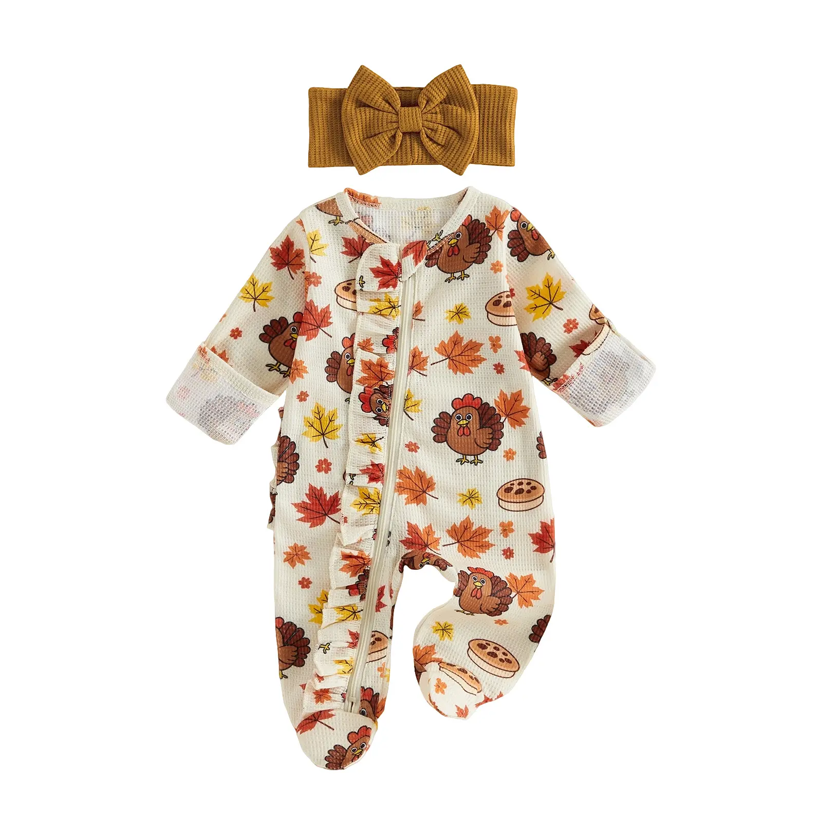Newborn Baby Girl Halloween Outfits Long Sleeve Turkey Print Jumpsuit with Headband Set Fall Winter 0-6 Months