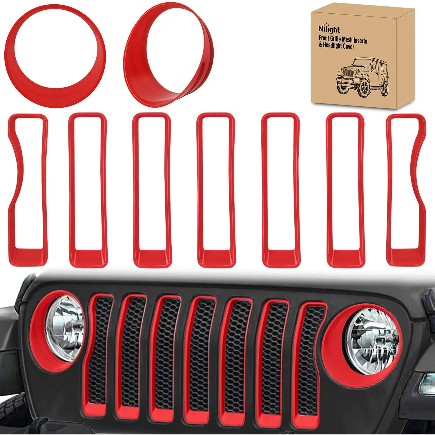 Nilight 7 Pcs Red Front Grill Inserts & 2 Pcs Headlight Cover Set, High-Strength ABS Grille Bezels Trim for Jeep Wrangler JL/JLU Unlimited Sport/SportS 2018-2023, Exterior Accessories with Strong Double-Sided Tape