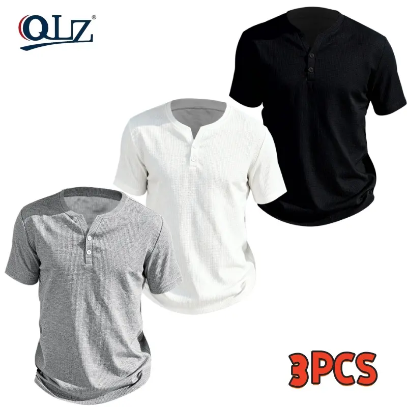 3pcs Men's Henley Short Sleeve FittedT-Shirt - Breathable Waffle Knit Summer PlainCasual Style Tee with Button Front, MachineWashable for Outdoor & Casual Attire, Stylish ButtonDetail, Lightweight Fabric, Easycare Material,Menswear