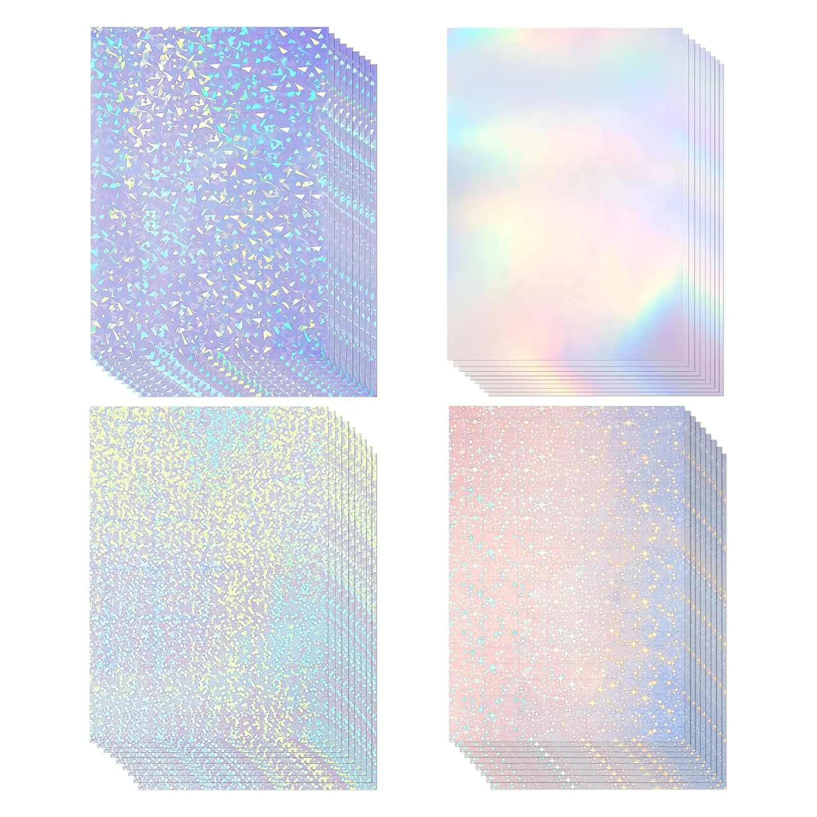 40 Sheets A4 Size Transparent Holographic Self-Adhesive Film, 21.08x29.72 Cm, Vinyl Sticker Paper, Diamond Rainbow Star Dot Styles