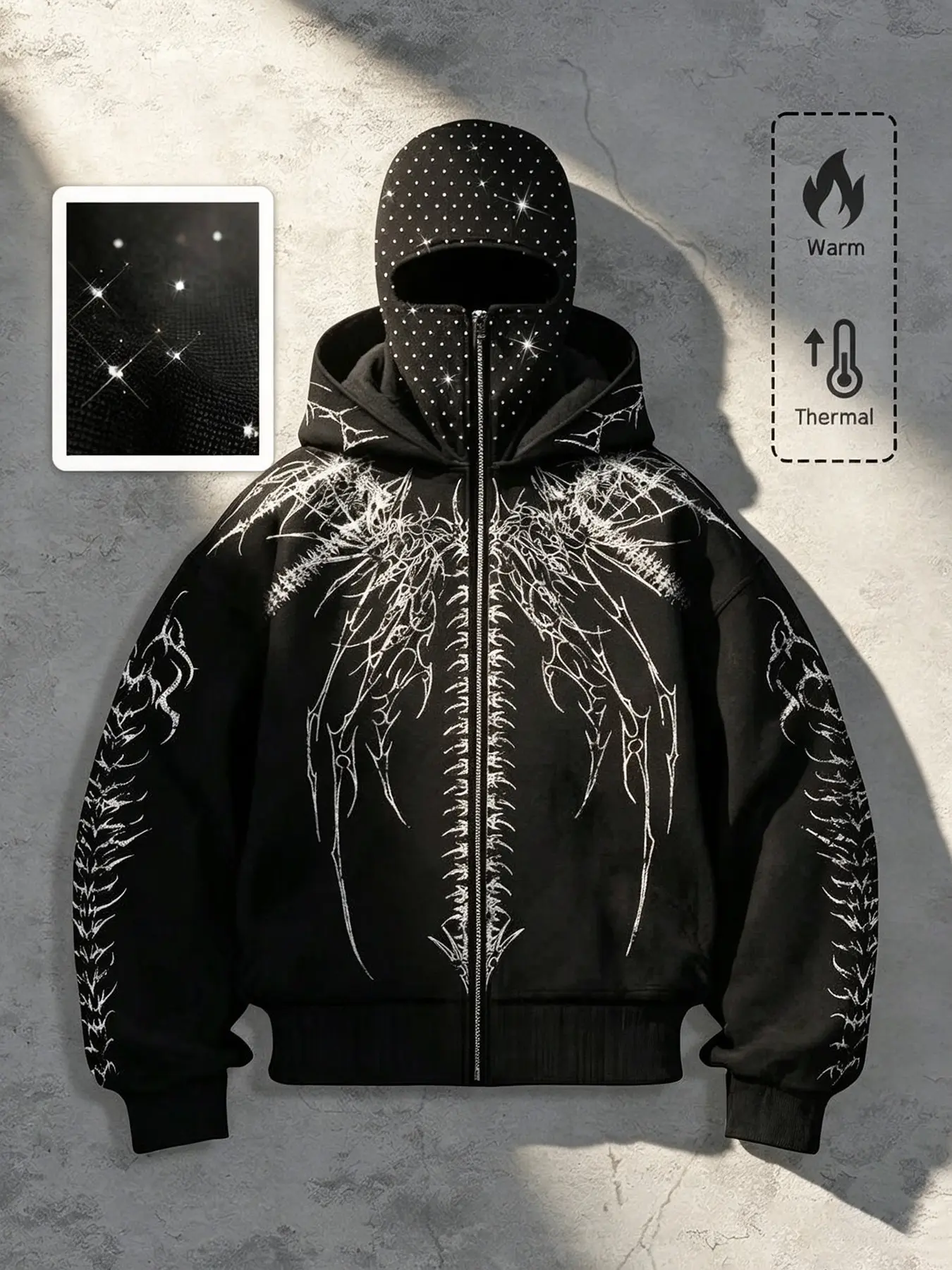 American Dark Star Rhinestone Balaklava Graphic Print Hoodie, Gothic Thick Warm Skeleton Spike Wing Print, Oversize Zipper Jacket, Unisex Casual Streetwear