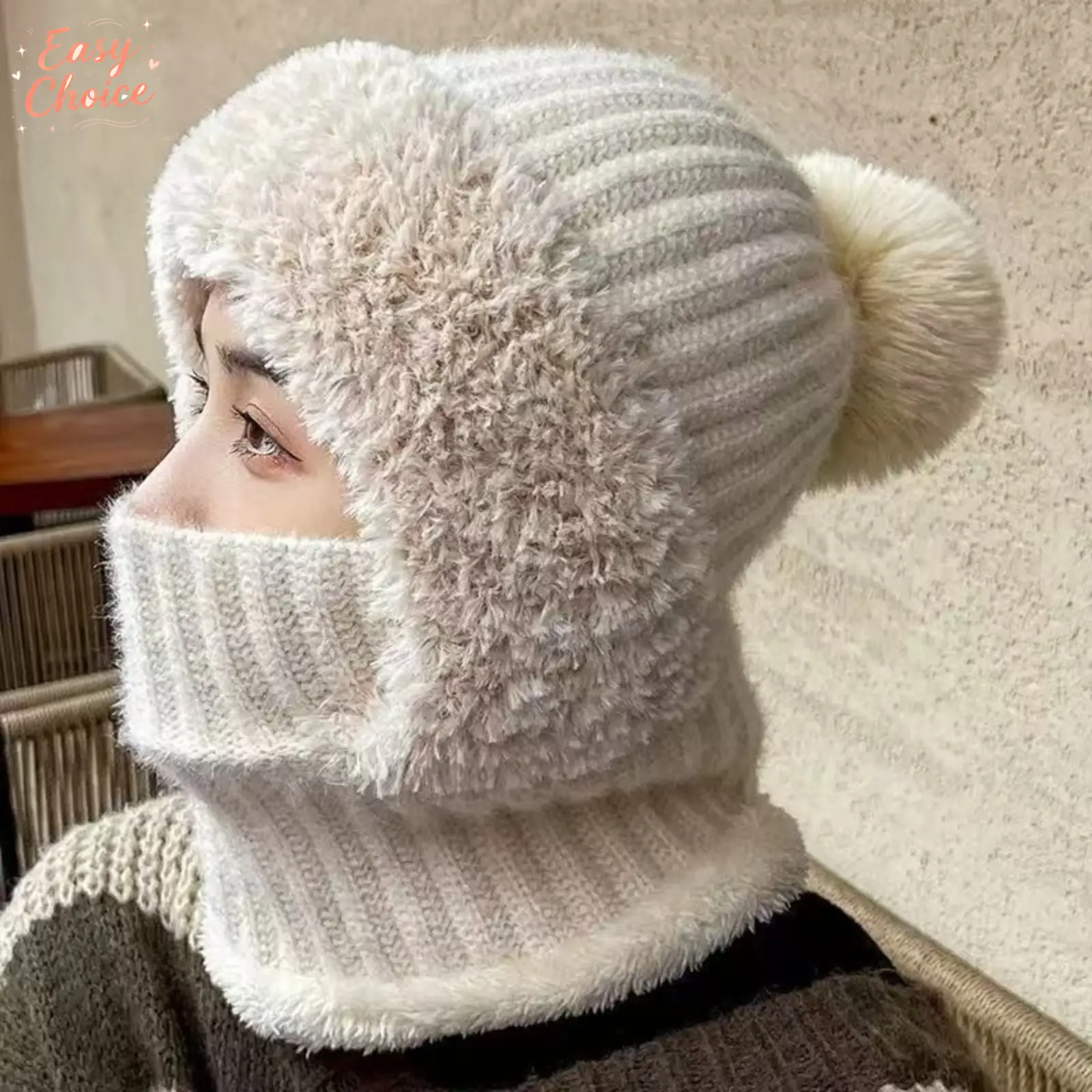 New Winter 3-in-1 Knitted Hat For Women, Oversized Wide Brim Thick Fleece Lined Warm Dome Beanie, Casual All-Match Windproof Cold Resistant Thermal Headwear Accessories