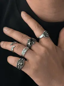 Men's Gothic Skull Gemstone Ring Set, Casual Style Metal Chain Design, Unique Hip-Hop Jewelry for All Seasons, 5-Piece Fashion Accessory