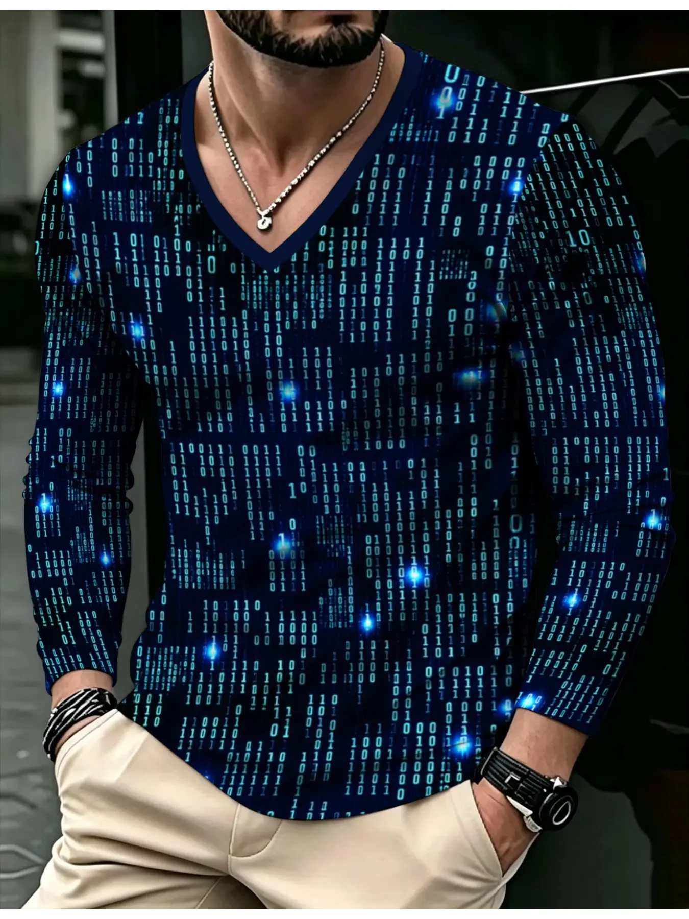 Men's V-neck Long-sleeve Top, Trendy Binary Code Digital Print Base Shirt, Stylish Tech-style Casual Daily Inner And Outer Wear Top, Printed Party Activewear for Everyday Wear