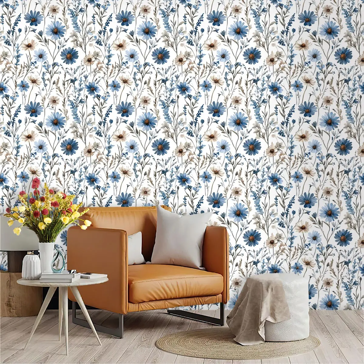 Morandi Blue Watercolor Daisy Wall Paper, PVC Material, Moisture-Proof, Easy Peel & Stick, Ideal for Kitchen/living Room/bedroom Decor