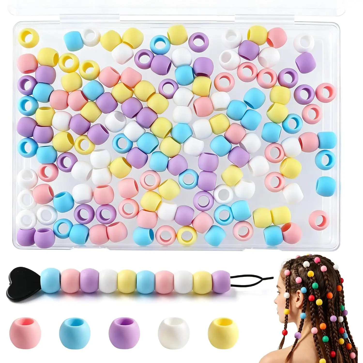 150 count  12 * 14mm Large  Hair Beads for Braids, 7mm Diameter Hole Soft  Pony Beads for Hair Braiding and DIY Bracelets, Keychains & Crafts Making( Soft Color)
