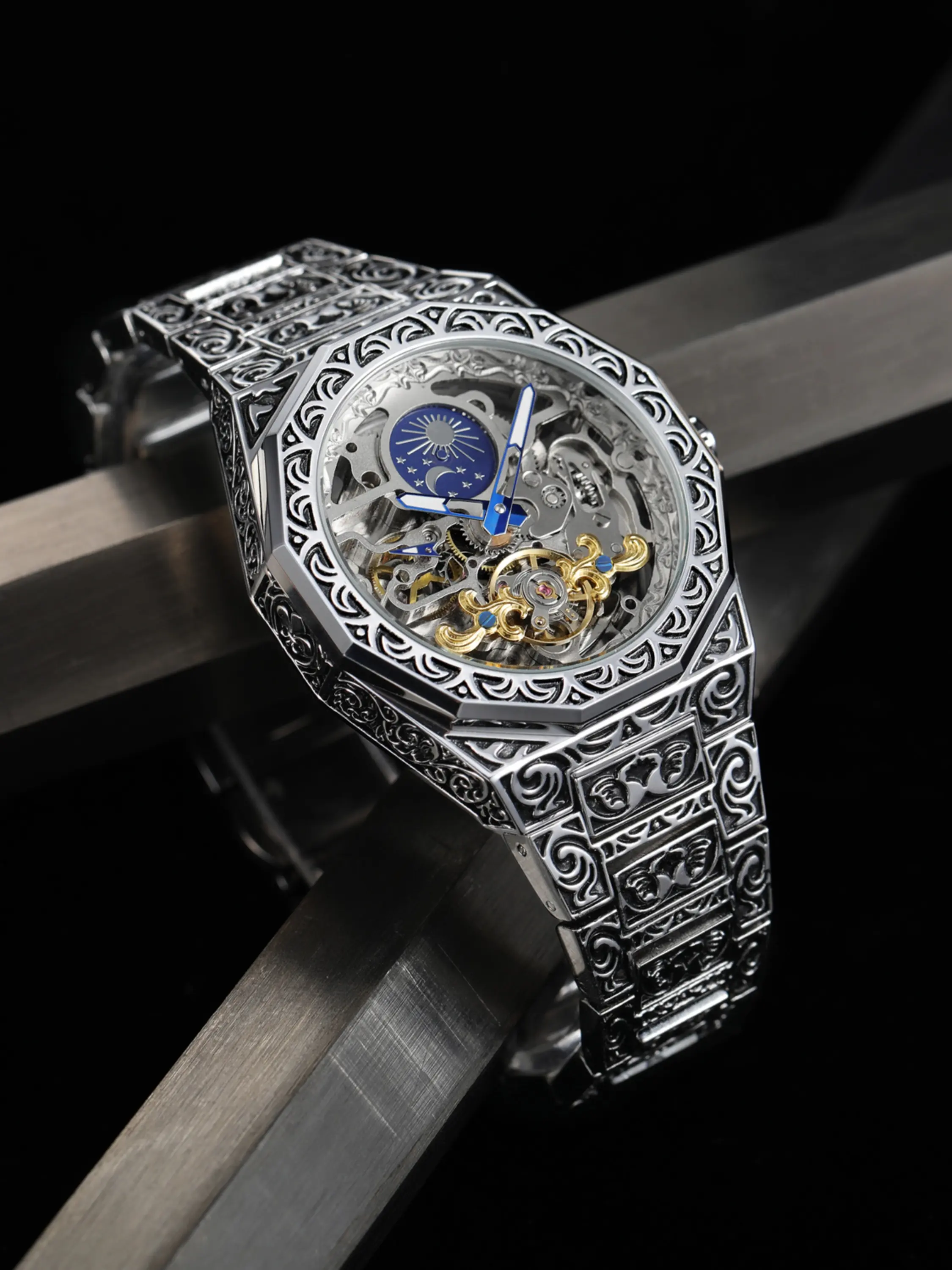 1pc Luxury Irregular Skeleton Automatic Mechanical Watch for Men Luminous Hands Top Brand Engraved Stainless Steel Strap Business Casual Fashion Mens Watches Moon Phase Tourbillon Wristwatches