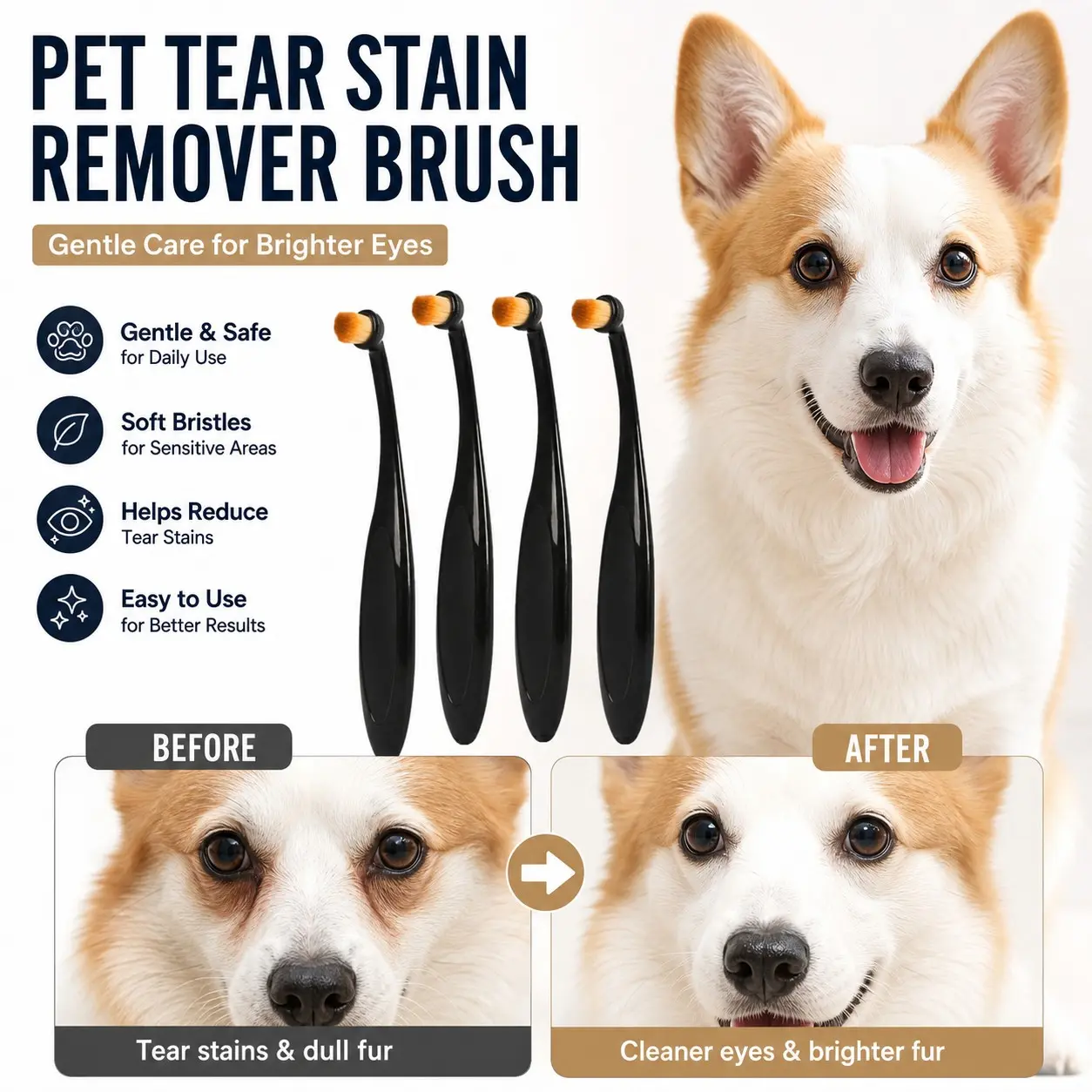 Pet Professional Stain Remover Brush Set, 4-Piece Washable Microfiber Long Cone Bristles, Safe for Use, Ideal for Pet Grooming