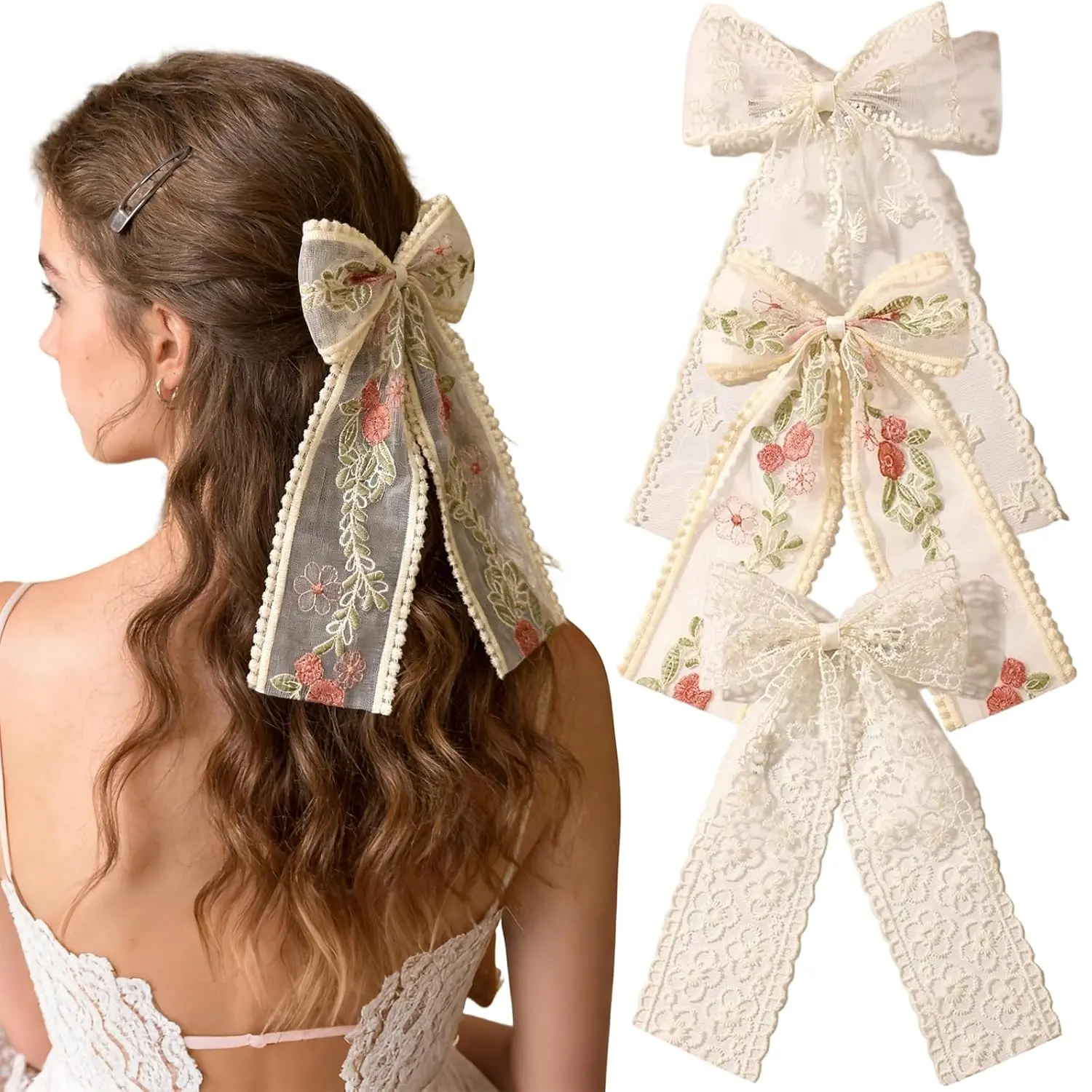 3 count Beige Lace Bowknot Hair Bow Clips for Women Girls,Cute Bows and   Hair Clips,Wedding and Birthday Hair Accessories