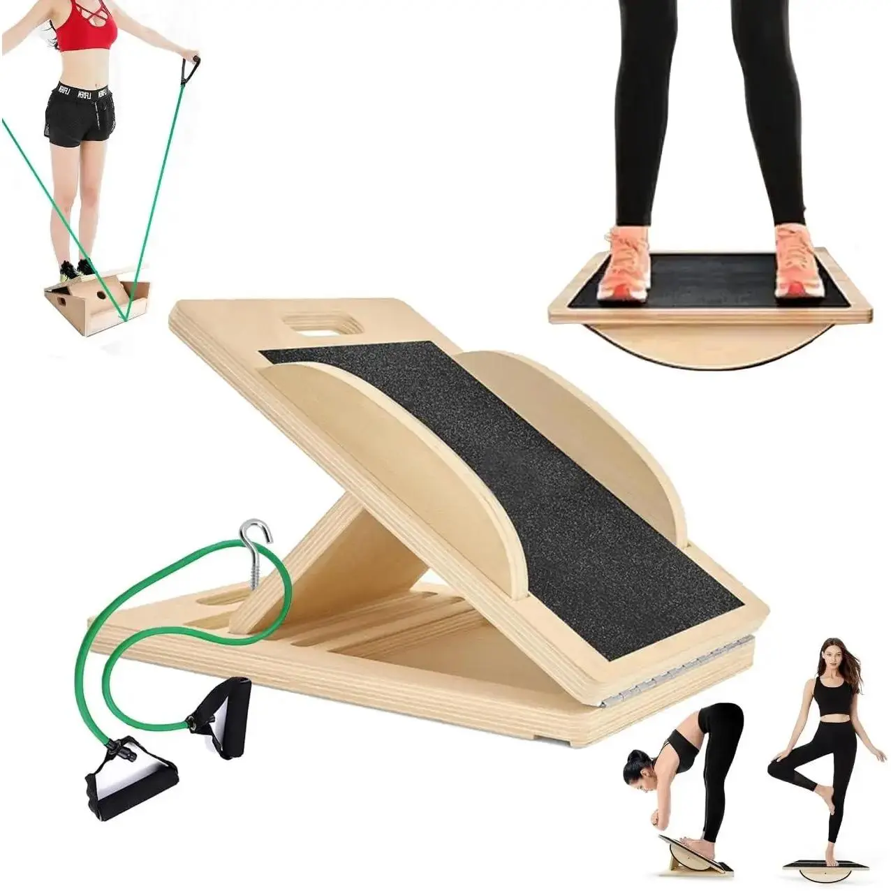 3-in-1 Adjustable Wooden Slant Board,  Board & Resistance Band  5 Incline Angles  Stretch Board for  Stretching, Squats, Physical   Anti-Slip Surface, Portable, Metal Hook Yifanyou Sports