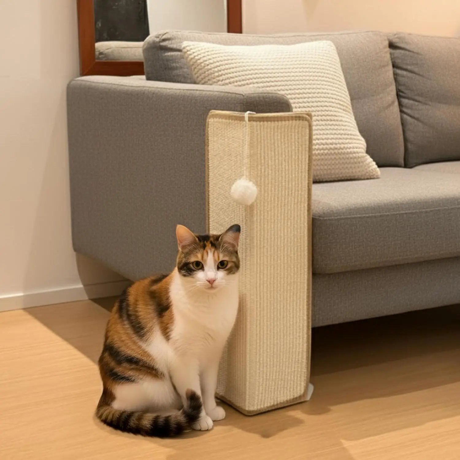 Under-Furniture Cat Scratcher, 23.6'' Sisal Scratching Post for Couch Corner, Furniture Protector Scratch Pad for Sofa with Toy Ball