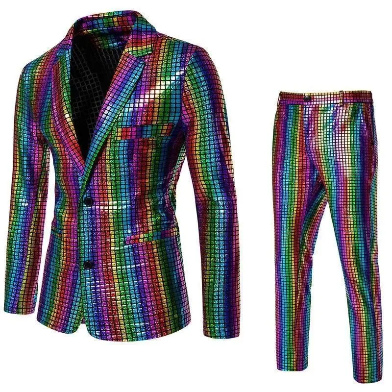 Fashionable New Men's Sequin Stamping Suit Disco Cosplay Party Stage Nightcb Shiny and Cool Performance Suit Set SizeS-3XL