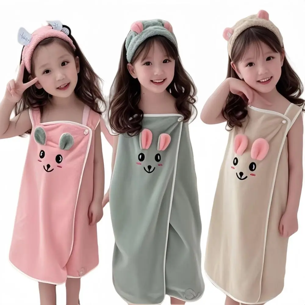 Children's Cartoon Hooded Robe with Rabbit Ear Details, Lightweight Microfiber Loose Fitting Sleepwear with Tie Waist, Dressing Gown