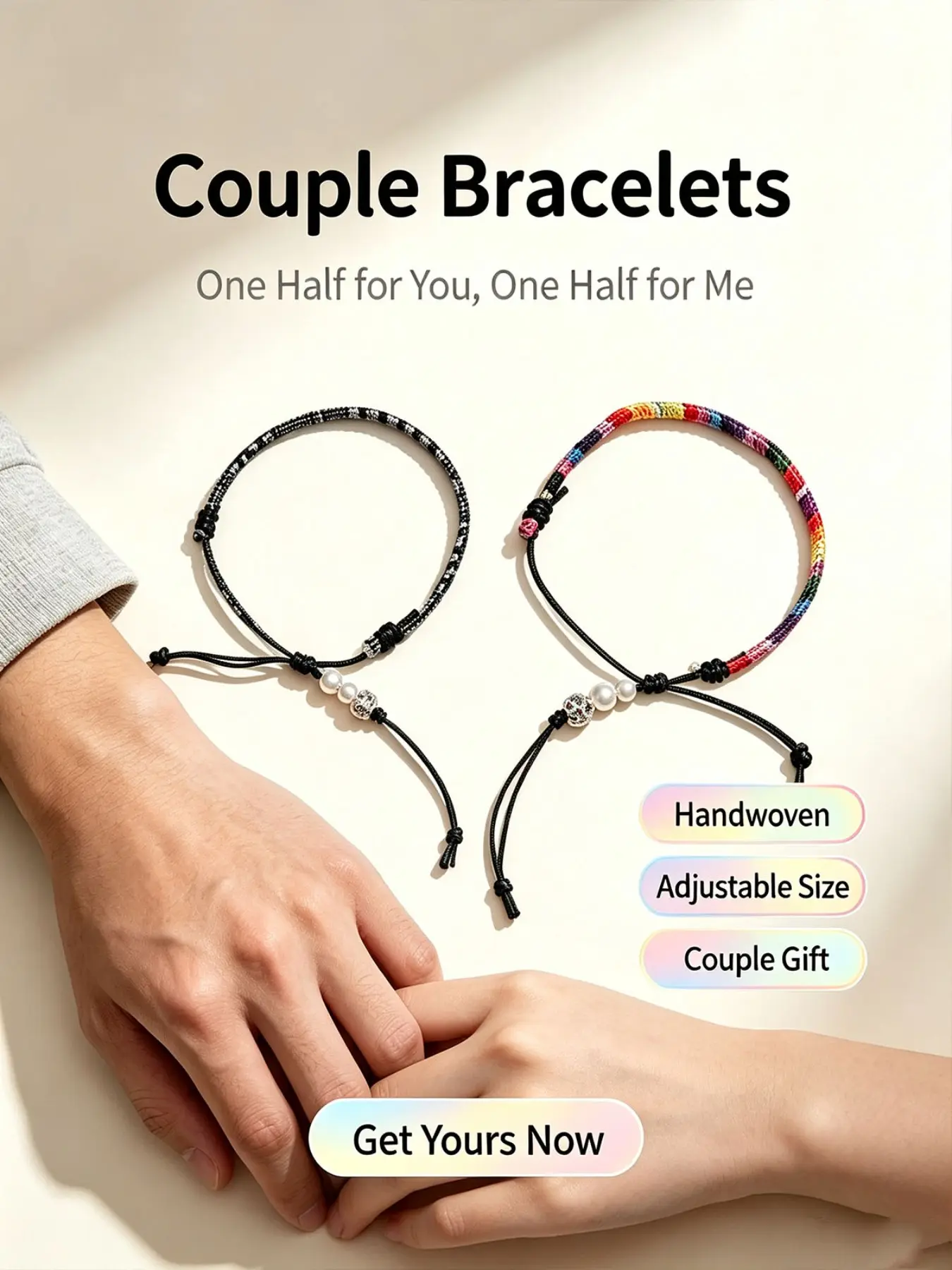 Handwoven Couple Bracelets, Lucky Yueluo Fate Rope, Pearl Rainbow, Adjustable Matching Bracelet, Romantic Valentine Anniversary Gift
