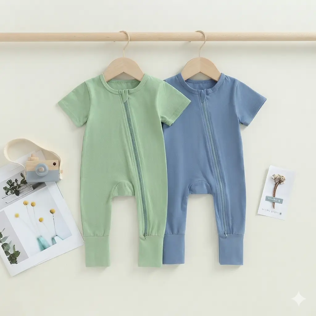 Newborn Baby Unisex Zipper Romper, Fall Long Sleeve Crew Neck Solid Color Footless Jumpsuit Sleepwear
