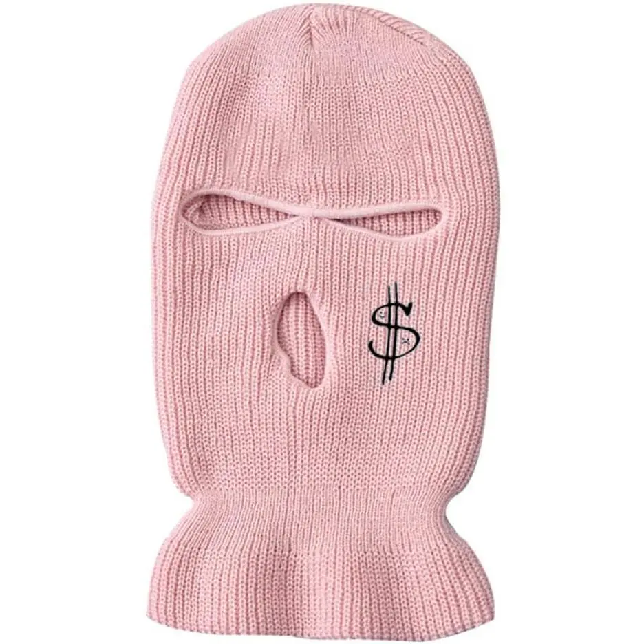 Unisex 3-Hole Embroidered Knitted Fabric Ski Mask for Adults, Windproof Warm Full Face Cover, One-Size Outdoor Sports Leisure Equipment