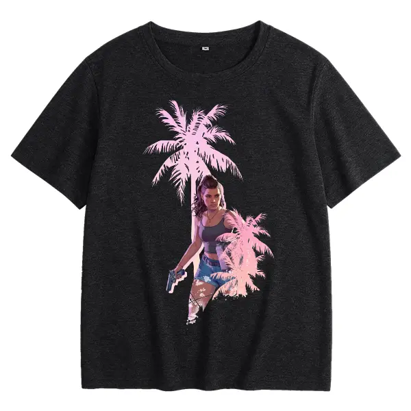 Lucia Palm Silhouette GTA6 Female Character Poster Crewneck Printed T-Shirt for Men and Women, Regular Fit Soft Stretch Fabric Tee, Colorful Casual Streetwear Top for All Seasons, Quick-Dry Comfortable Graphic Shirt Menswear Garment