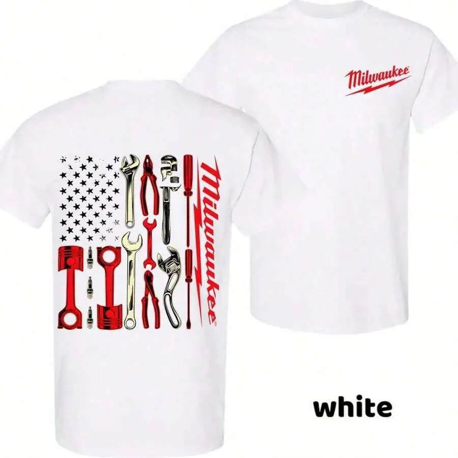 Mechanic Tool Graphic Double Sided Cotton Tshirt, Cool Gift For Dads, Mechanics, Electricians And Tradesmen, Casual Summer Cotton Mens Clothes, Lightweight Crew Neck Short Sleeve Top For Builders